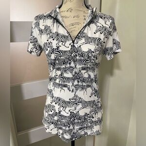 IBKUL Black and White Zebra print zip up pullover Short Sleeve Top